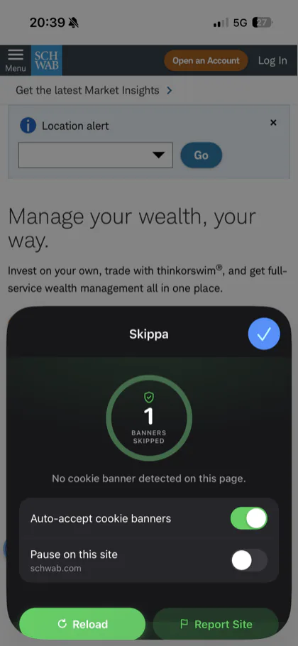 Skippa running in Safari on iPhone